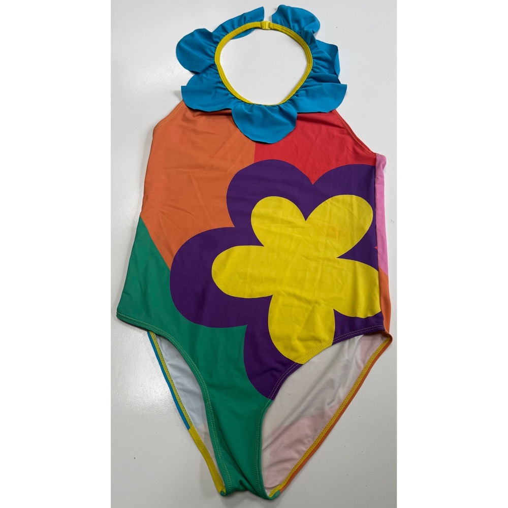 Stella McCartney Kids Multi-Color Floral Ruffle Halter One Piece Swimsuit 14+